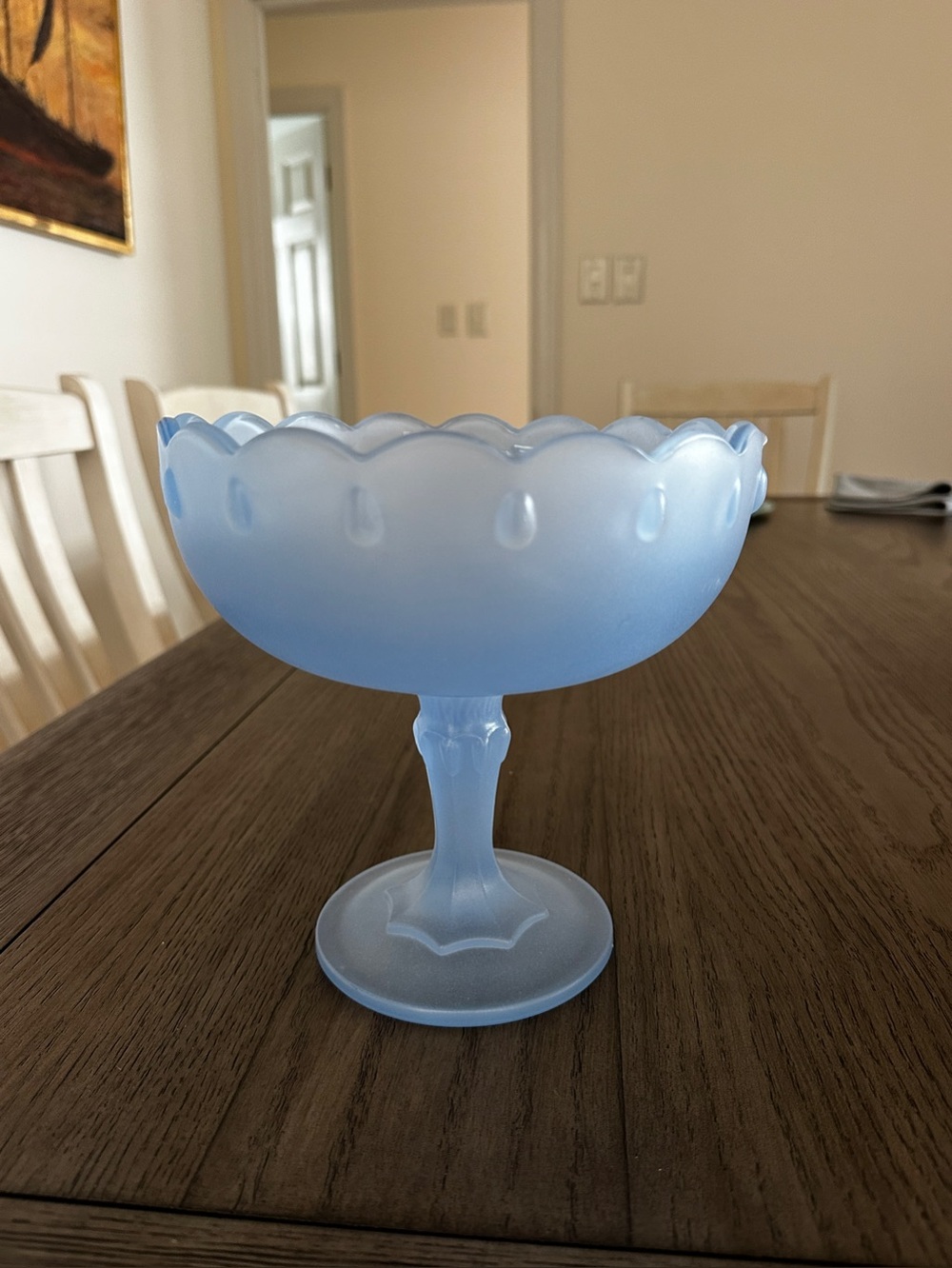Vintage Indiana Glass Blue Mist Frosted Compote Bowl Teardrop Pedestal